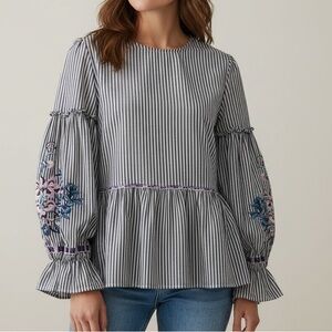 CASLON / NORDSTROM - Striped Embroidered Peplum Top - Size Med. - Blue/White B20